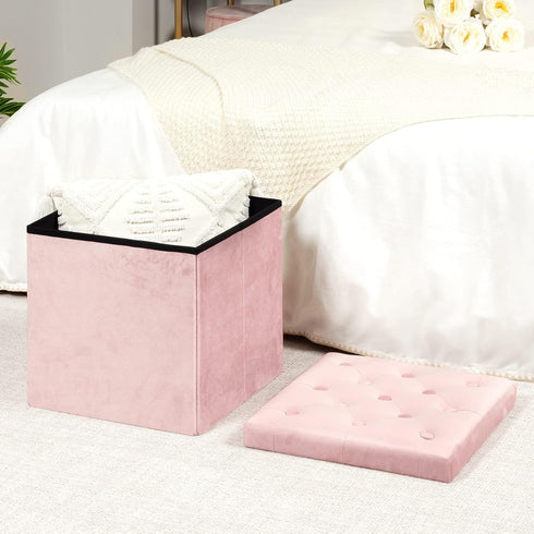 B FSOBEIIALEO Storage Ottoman Cube, Velvet Tufted Folding Ottomans with Lid, Footstool Rest Padded Seat for Bedroom