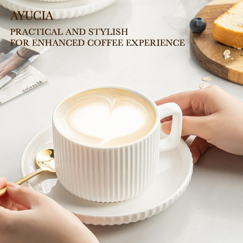 8 Set 4, Ounce Cappuccino Cups of Latte Mugs with Saucers and Spoons, White Cream Ceramic Coffee Mugs Tea Cups