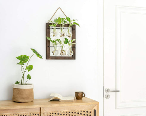 Bulb Mkono Propagation Station Wall Hanging Glass Planter, Flower Vase Plant Terrarium with Retro Wooden Stand Double