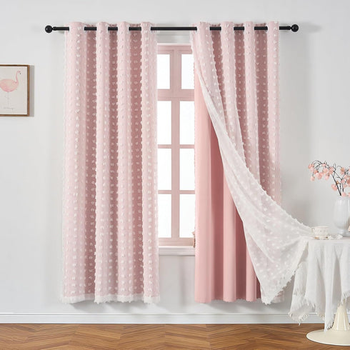 84 Inches 1 Pink Blackout Curtain for Girls Bedroom Long Panel, Double Layered Curtain with Pom Pom White Sheer