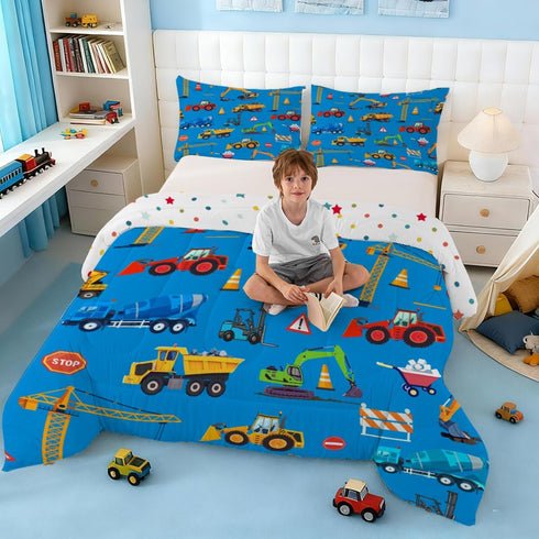 Set Set 1 Feelyou Construction Comforter Boys Twin Size Blue Excavator Bedding with Pillow Cases Kids Trucks Comforter