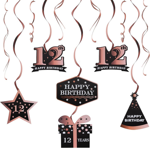 LINGTEER Happy 12th Birthday Decorations - 12 Pcs Black & Rose Gold Swirls Streamer Set for Twelve Years Old Bday
