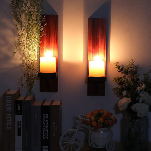OwnMy Set 2 of Wooden Wall Candle Sconces Rustic Wall Mount Wooden Pillar Candle Sconces, Brown Farmhouse Wall Candle