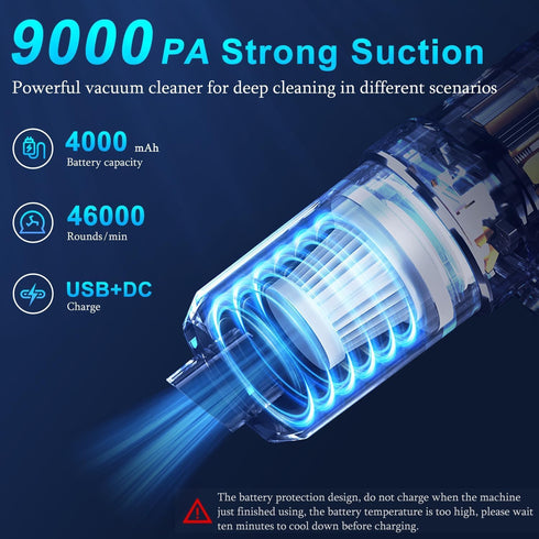 Handheld Car Vacuum Cleaner, 9000Pa High Power Wet and Dry Vacuum with LED Light and Multi-Nozzles for Home