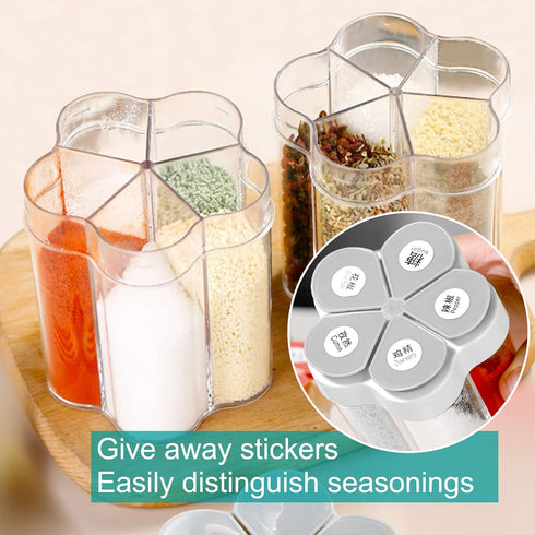 2 PCS Travel Spice Jars, 5-in-1 Seasoning Containers, Clear Plastic Condiment Bottles for Camping, BBQ, Picnic