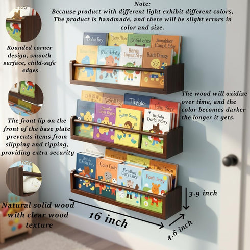 Set 3 16 Inch Deep Walnut Nursery Floating Shelves of Wall Mounted Kids Bookshelf & Toy Organizer Rustic Pine Hanging