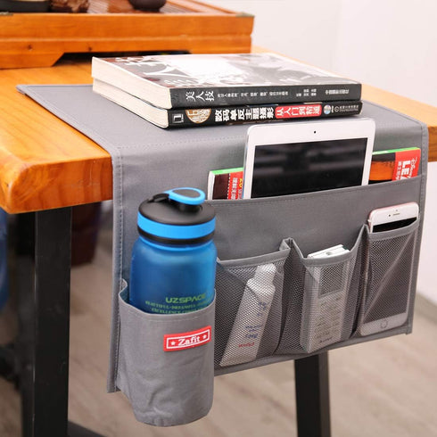 5 Pockets Bedside Caddy, Storage Organizer for Water Bottles, Magazines, Phone, Glasses (5 Pockets-Grey)