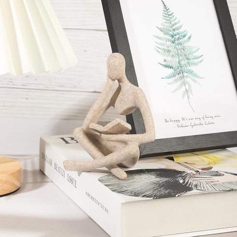 Small Bookshelf Decor Coffee Table Sculpture Abstract Thinker Statue Reading Figurine Modern Neutral Home Decoration