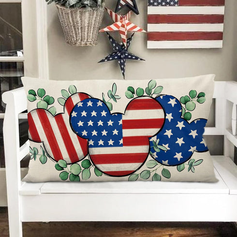 4th of July Cartoon Mouse Patriotic Throw Pillow Cover - 12 x 20, Rectangular America USA Outdoor Home Decor