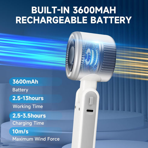 Portable Handheld Mini Fan - 3-IN-1 Turbo Fan for Travel, 5 Gear Wind, 12 Working Hours, Rechargeable Pocket Fan