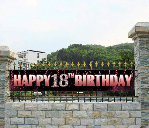 Large 18th Birthday Yard Sign Banner, Happy 18 Years Old Party Supplies Decorations, Black Pink Rose Gold (9.8 x 1.6 ft)