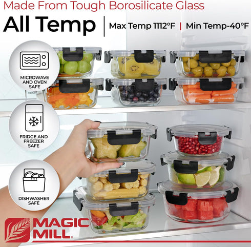 Magic Mill 24pc Glass Storage Containers Set with BPA-Free Airtight Locking Lids for Food Storage & Meal Prep