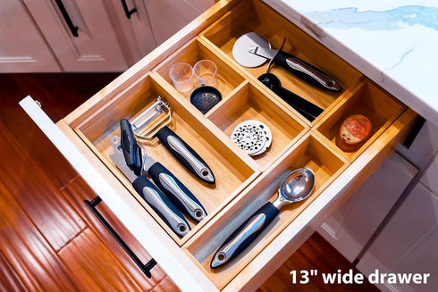 Umilife Drawer Organizer Storage Boxes - 2.5" High Bamboo Drawer Dividers with 5 Rearrangeable Bins for Kitchen & Office
