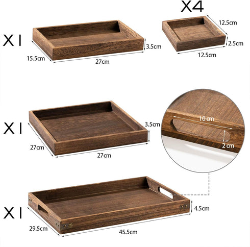 Set 7 Yangbaga Rustic Wooden Serving Trays with Handle - of Rectangular Platters for Entertaining, Breakfast, Coffee