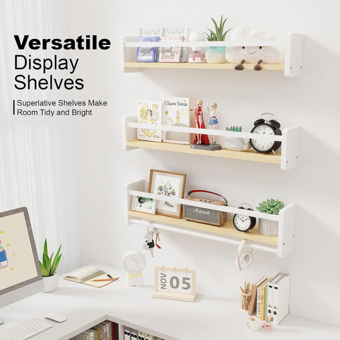 Set 3 15.8 Inches) MXCSE Nursery Floating Bookshelf for Kids, Wall Mounted Kids Book Shelf with Toy Storage, Pine Wood
