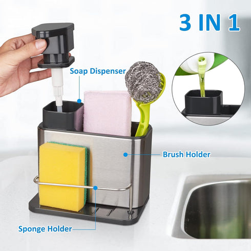 3-in-1 Countertop RedCall Soap Dispenser for Kitchen Sink, Sponge Holder for Kitchen Sink Caddy, Stainless Steel
