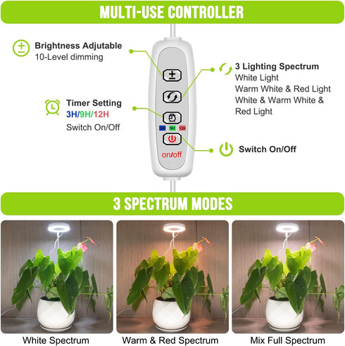 3 10 Dimming, Kullsinss Grow Lights for Indoor Plants, Full Spectrum Halo Growing lamp with Detachable Base, Height