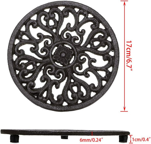 Sumnacon 2Pcs Round Cast Iron Trivets, 6.7 Inch Heat Resistant Iron Holders for Hot Dish, Rustic Kitchen Dining Table