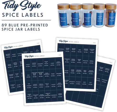 Spice Labels (Navy Blue), Preprinted White, Black, and Blue Labels for Spice Jars