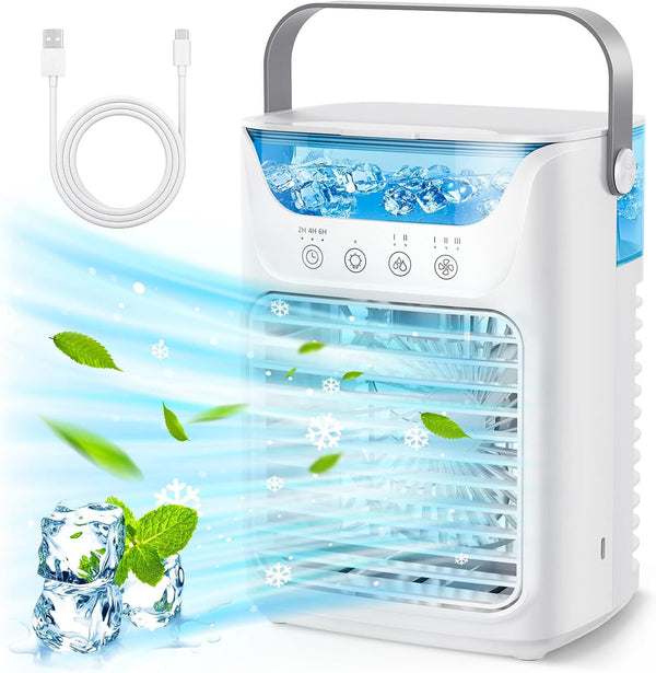 USB Powered Air Conditioner Fan, 700ML Automatic Timing Portable Cooler Humidifier with 7 Color Night Light, 3 Wind