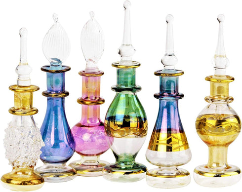 NileCart 6 Pack Egyptian Perfume Bottles - 2” Hand Blown with Handmade Golden Decoration for Oils & Essential Oils