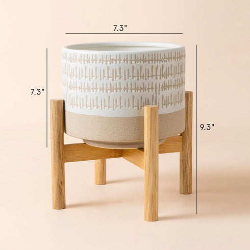 7.3 Inch LA JOLIE MUSE Ceramic Plant Pot with Stand - Decorative Cylinder Flower Pot with Wood Planter Holder