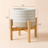 7.3 Inch LA JOLIE MUSE Ceramic Plant Pot with Stand - Decorative Cylinder Flower Pot with Wood Planter Holder