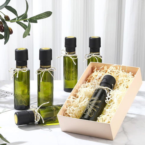 Reallnaive 4 oz Green,20 Mini Glass Olive Oil Bottles Empty Sauce Condiment Bottles with Dropper Inserts and Sticker