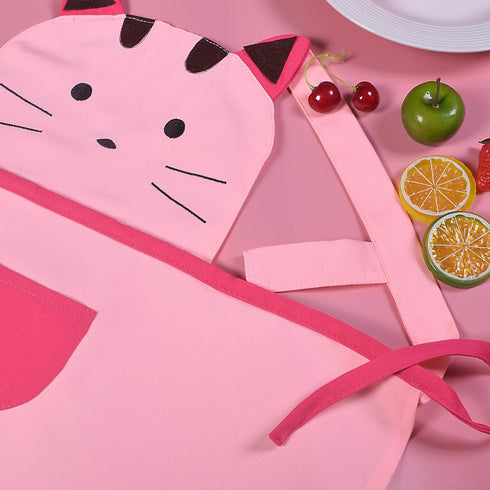 Love Potato Cute Girls Toddler Cartoon Cat Embroidered Cotton Kitchen Cooking Baking Apron for Kids 2-4 Years Old - Pink