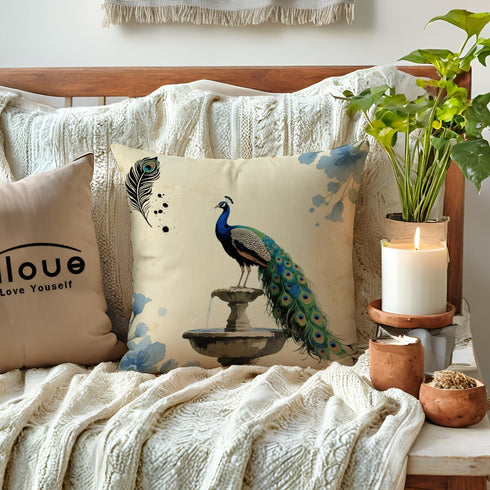 ULOVE LOVE YOURSELF 2-Pack Peacock Throw Pillow Covers - Decorative Square Cotton Linen Cushion Cover 18x18 Inch