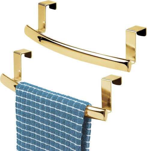 mDesign Steel Over Door Curved Towel Bar Storage, Hanger for Kitchen or Bathroom, 2 Pack, Soft Brass