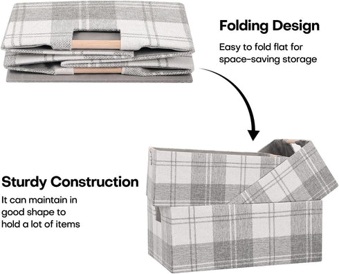Fabric Storage Bin Box, Collapsible Cotton Linen Storage Cube with Wooden Handles, Light Gray Plaid, Medium