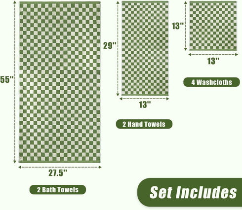 Set 8, 2 2 4 Jacquotha Green Checkered Towels of Cotton Towels for Bathroom, Bath, Hand, Washcloths, Soft Absorbent