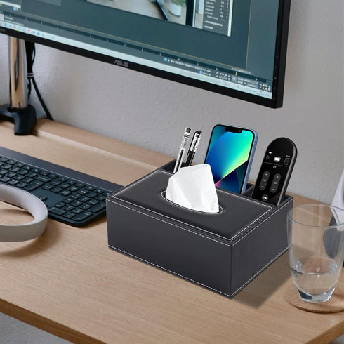 Multifunction PU Leather Tissue Box Cover, Black Rectangular Storage Box for Napkins, Remote Control, Desk Organizer