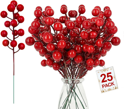 25 Pack Red Berry Stems Waterproof Christmas Picks Sprays for Christmas Tree