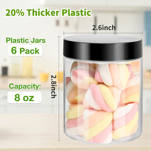 Mfacoy 6 Pack Plastic Jars with Lids, 8 oz Clear Storage Container, Leakproof Plastic Mason Jars, Empty Round Slime Container, Cosmetic Jars for Storing Dry Food, Peanut, Spice, Cookie, Candy