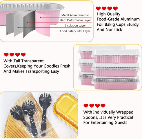 LNYZQUS Mini Loaf Pans with Lids, 50 Pack, 6.8oz Rectangle Aluminum Foil Baking Tins for Mini Cake, Bread Loaf - Pink