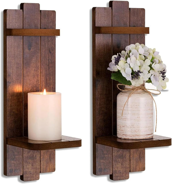 Rustic Candle Holder Farmhouse Wall Decor - Brown Candle Sconces Set of
