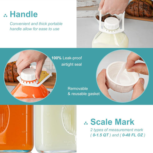 2 Pack 64 Oz 1 3 2 2 1/2 Heavy Duty Glass Milk Bottle with Silicone Spout and Reusable Airtight SCREW LID, Qt Glass