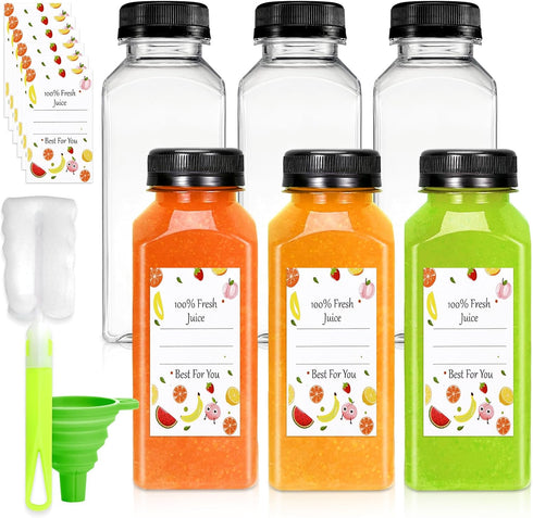 Leaflai Juice Bottles - 12oz Bottles with Lids, 6 pcs Plastic Juice Containers