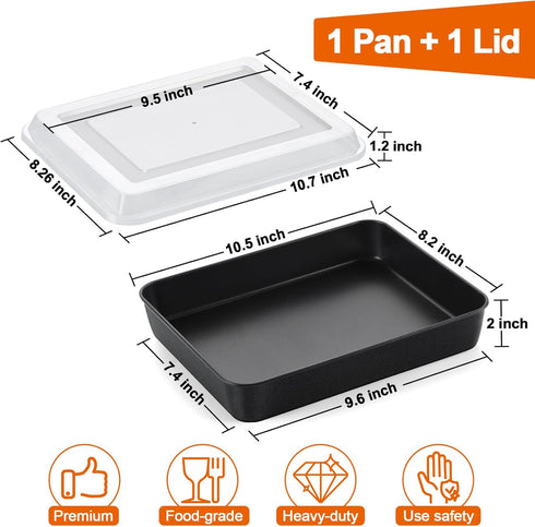 P&P CHEF 10.5 Inch Toaster Oven Pan with Lid, Nonstick Cake Lasagna Pan Rectangular Tray for Baking Roasting Storing, Stainless Steel Core & Plastic Cover, Oven & Freezer Safe, 2Pcs (1 Pan & 1 Lid)