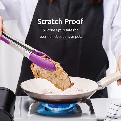 U-Taste Kitchen Tongs, 7/9/12 inches Cooking Tongs with High Heat-Resistant Non-Stick Tips, Pack of 3 (Purple)