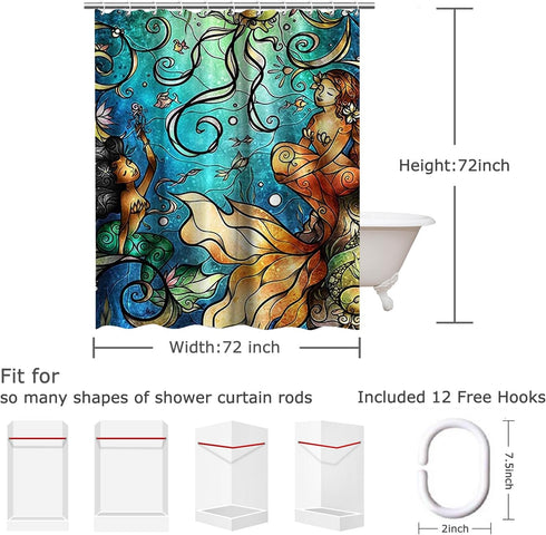 LIVILAN Mermaid Shower Curtain Set - Jellyfish Fabric Bathroom Curtains with Hooks, Washable 72x72 Inches