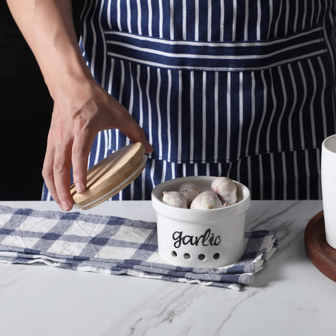 Ceramic Garlic Keeper with Wooden Lid, Farmhouse Kitchen Decor, Countertop Garlic Saver Container