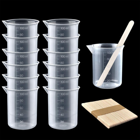Coopay 12 Pack 100ml/3.4oz Plastic Beakers, Clear Multipurpose Measuring Cups with 50 Pack Wooden Stirring Sticks