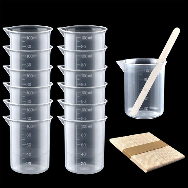 Coopay 12 Pack 100ml/3.4oz Plastic Beakers, Clear Multipurpose Measuring Cups with 50 Pack Wooden Stirring Sticks
