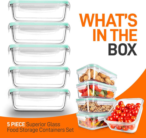 NutriChef 5-Piece 30 oz Reusable Glass Meal Prep Containers, Stackable Kitchen Storage with Locking Lids