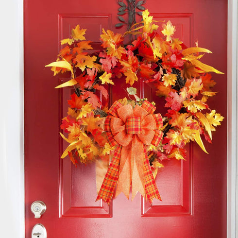 Iceyyyy Extra Large Fall Wreath Gift Bow - 18.8x10.6inch Orange Buffalo Plaid Check Wreath Bow for Fall, Thanksgiving,