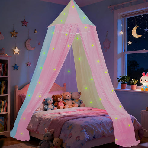 SYHITOU Rainbow Bed Canopy for Girls with Glowing Stars, Colorful Princess Canopy Bed Curtains for Twin, Full