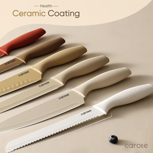 CAROTE 12 Pieces Kitchen Knife Set, Stainless Steel with Nonstick Ceramic Coating, Dishwasher Safe, 6 Blade Guards,